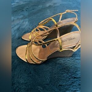 Vintage Dolce & Gabbana gold metallic leather t-strap wedge sandals 38.5